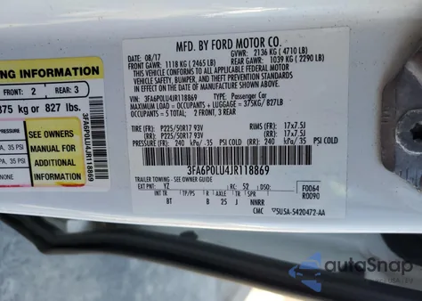 2018 Ford Fusion Se Hybrid из США, поврежденный, VIN 3FA6P0LU4JR118869